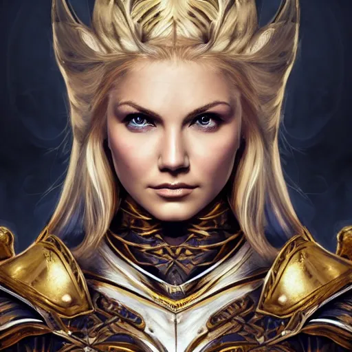 Prompt: head-on centered symmetrical painted portrait, Elisha Cuthbert as a paladin, blonde hair, gold and white armour, dramatic lighting, intricate, fantasy, intricate, elegant, highly detailed, digital painting, smooth, sharp focus, illustration, dramatic lighting, artstation, in the style of Artgerm and Anna Podedworna