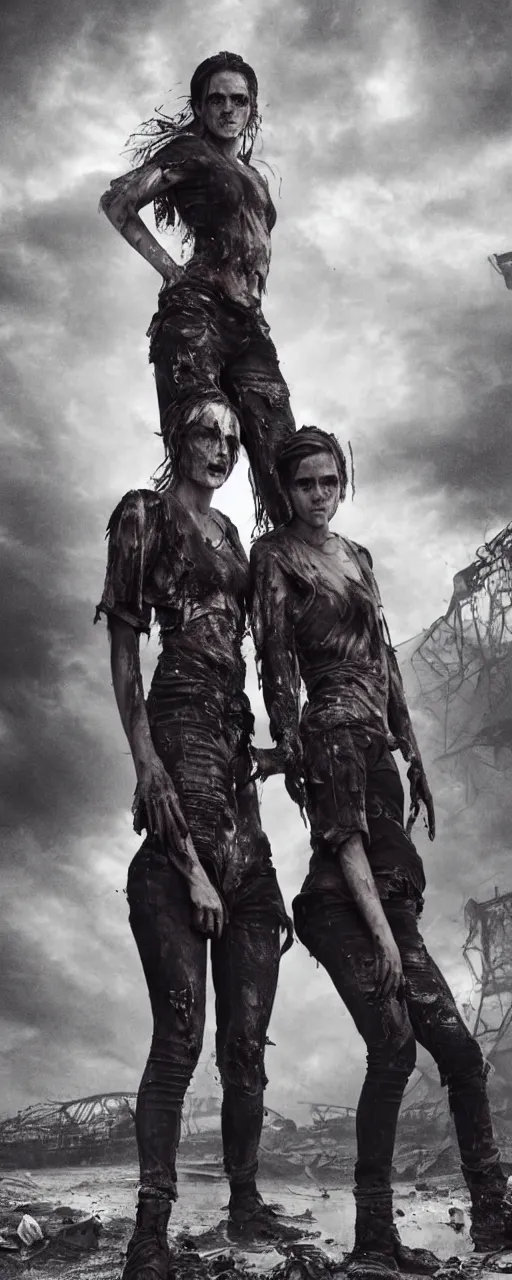 Image similar to twin sisters Emma Watson action poses dishevelled photorealistic portrait grimy sweating wet face dirty t-shirt and torn jeans in broken biomechanical fractal armour abandoned exploding sci-fi gas station, dark and dim atmospheric smog trending on artstation 8k matte painting, dramatic lighting, dramatic shadows professional photograph by Herb Ritts