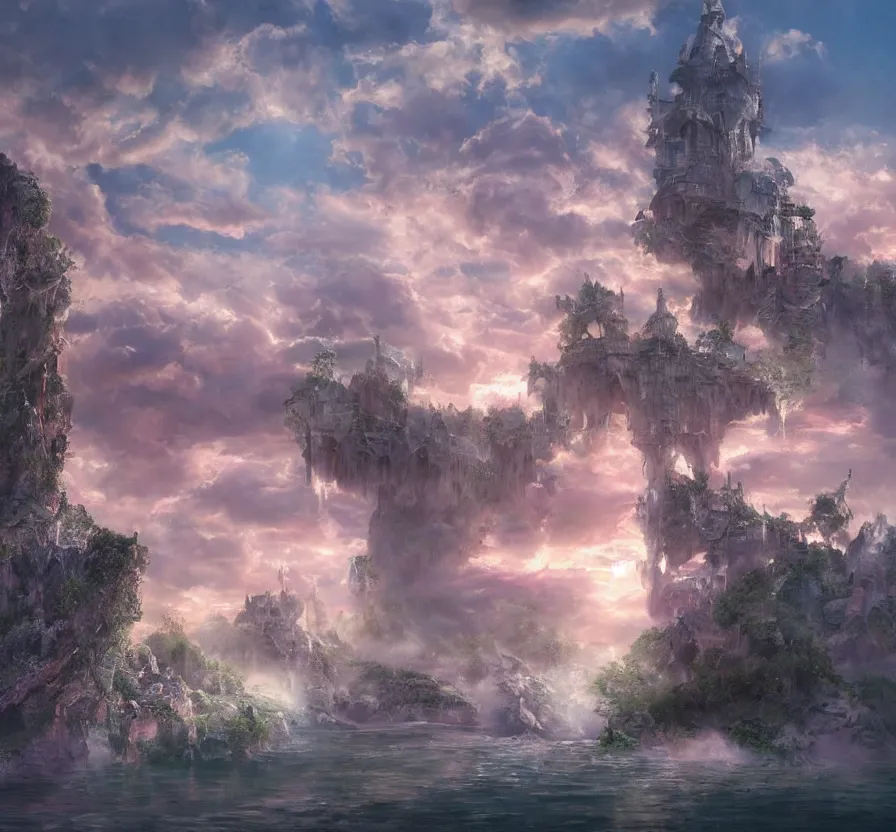 Image similar to beautiful!!! digital painting of a ( ( ( floating cloud kingdom, cloud platforms ) ) ) with an intricate expensive castle and waterfalls!! | dreamy pink!!! sunset!!! intricate civilization, epic rim lighting, dramatic!!!! craig mullins, james jean, octane render, trending on artstation, deviantart, studio level quality, hyperdetailed