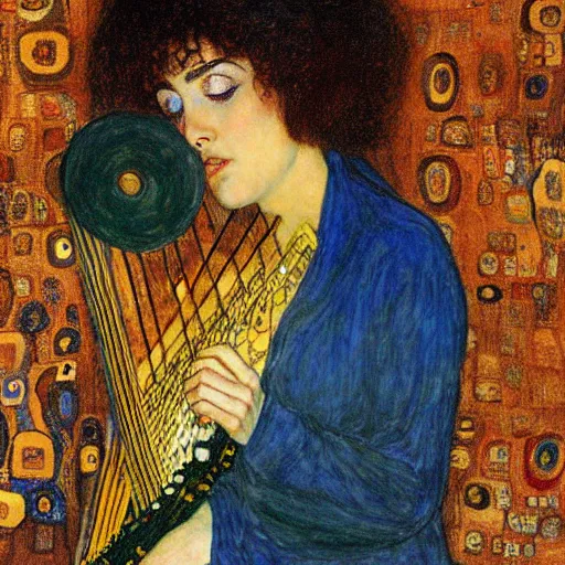 Prompt: sappho playing a broken harp by gustav klimt and austin osman spare