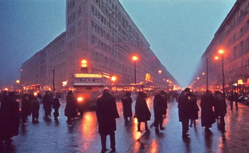 Prompt: 60s movie still of a sovietic street with many pedestrians with stalinist style highrise, Cinestill 800t 18mm, heavy grainy picture, very detailed, high quality, 4k panoramic, HD criterion, dramatic lightning, streetlight at night, rain, mud, foggy, soviet flags