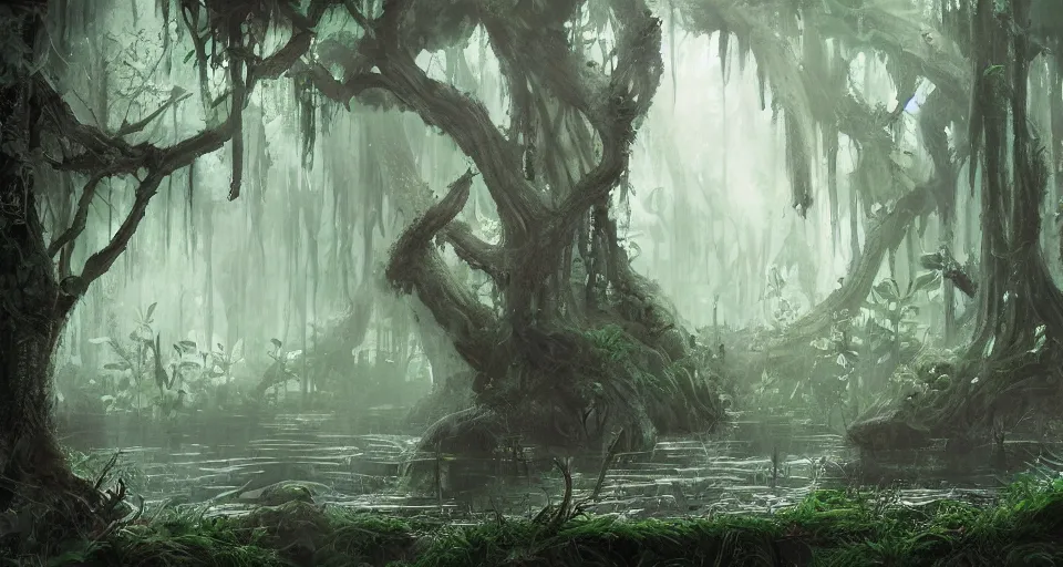 Image similar to A dense and dark enchanted forest with a swamp, by Disney Concept Artists