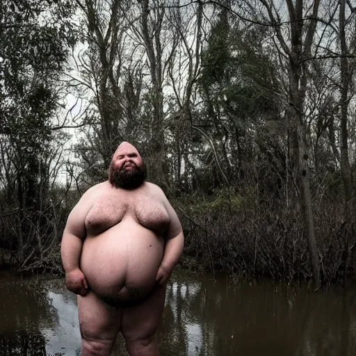 Image similar to hideous ugly hairy greasy glistening dirty horrible man with many folds of fat and bagwings, standing in a swamp, dramatic shadows, beautiful imagery, high quality, award - winning photograph