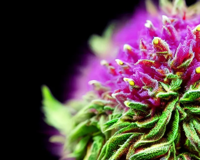 Image similar to beautiful marijuana flower with buds covered in glowing trichomes, extreme close - up highly - detailed macro photography, focus, centered, dslr in the style of high times and erik christiansen, cosmic background, bordered by glowing trichomes