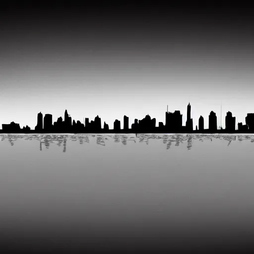 Image similar to a perfect circle, around the outer edge of the circle is the silhouette of a city skyline, inside the circle is empty, black and white, minimalist, in the style of a line drawing