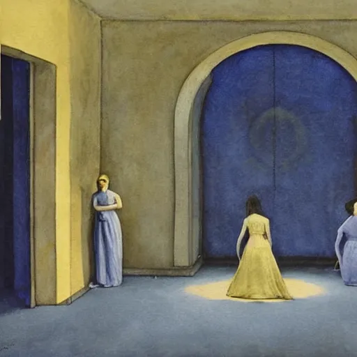 Image similar to procession of women in a blue and gold haunted liminal abandoned temple, watercolor by gottfried helnwein, by hammershøi, art noveau, highly detailed, lights by edward hopper, liminal, eerie, bright pastel colors