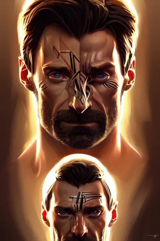 Image similar to symmetry!! portrait of hugh jackman in the boys in the style of god of war, machine parts embedded into face, intricate, elegant, highly detailed, digital painting, artstation, concept art, smooth, sharp focus, illustration, art by artgerm and greg rutkowski and alphonse mucha, 8 k