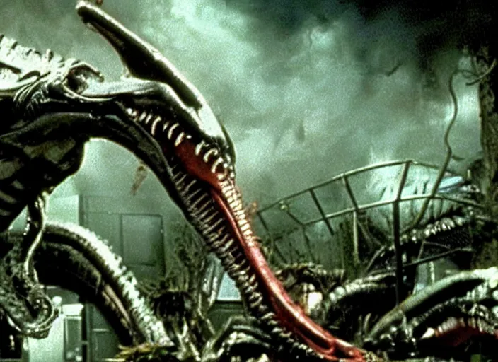 Prompt: Xenomorph in a still from the movie Jurassic Park (1990), high quality