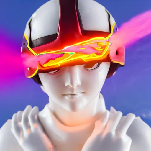 Image similar to beautifully lit extreme close up photo of a white marble statue of an anime girl with colorful motocross logos and motorcycle helmet with closed visor, colorful smoke in the background, carved marble statue, fine art, neon genesis evangelion, virgil abloh, offwhite, denoise, highly detailed, 8 k, hyperreal