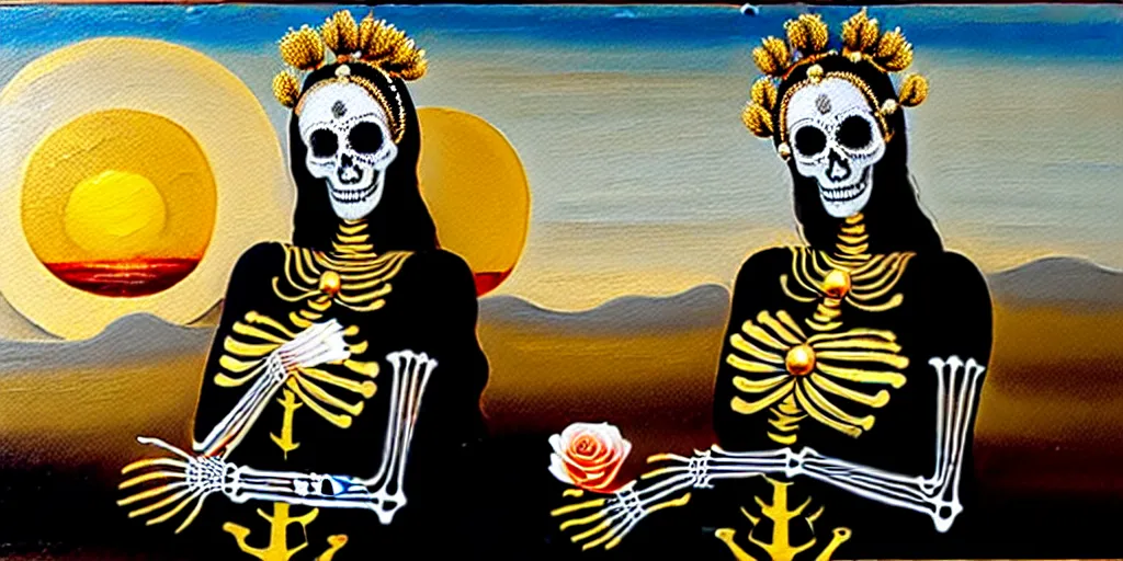 Prompt: hiperealist oil painting of a woman with metalic gold skeleton mask, wearing white and black virgin attire wearing an aureola made of gold, cactus and pearls over the head, holding a rose in a hand, with warm sunset backlight reflecting on a whirlpool of clouds forming acircular background. sunset light. beneath there's a barren land with serpents.