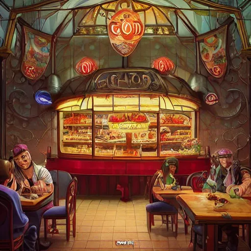 Prompt: “a fantasy fastfood restaurant called ‘Good Berry’, similar to Good Burger, fantastical ambience, food court, D&D, fantasy, intricate, cinematic lighting, highly detailed, digital painting, artstation, concept art, smooth, sharp focus, illustration, art by Artgerm and Greg Rutkowski and Alphonse Mucha”