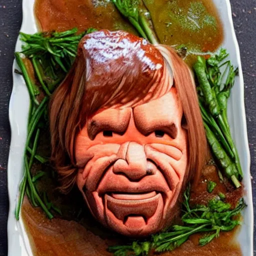 Image similar to chuck roast norris, food photo of chuck norris face carved into chuck roast