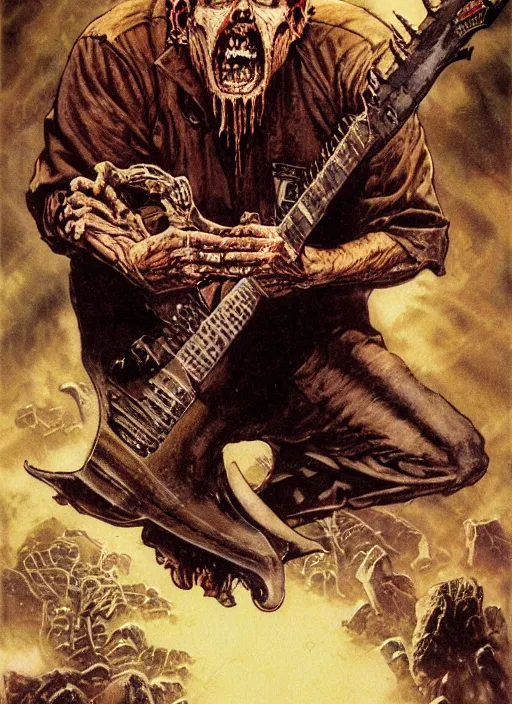 Image similar to Michael McDonald, heavy metal magazine cover, 1980s, keyboard, atmospheric, realism, horror, grimy, sinister, highly detailed, high octane render, HD, anatomy, symmetrical body, symmetrical face, scary, cracked brick background, in the style of Frank frazetta and moebius, Peter mohrbacher and John William Waterhouse, maciej rebisz and h.r. giger