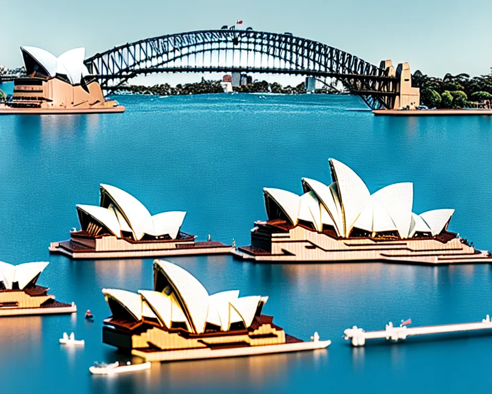 Image similar to sydney opera house and harbour bridge lego town, 3 5 mm lens, shallow dof, cinematic, photo, 4 k, detailed, tiny