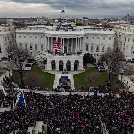 Image similar to capitol riot, View from the top of white house with many people rioting below, hyper-realistic, ultra-detailed, high resolution, HDR shot, cinematic lighting