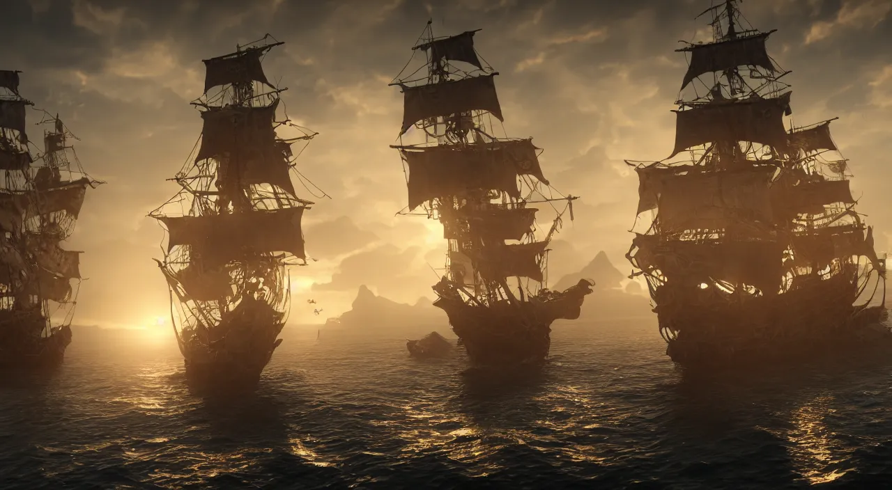 Image similar to ghost pirate ship with a pirate on the foreground, highly detailed, photorealistic portrait, bright studio setting, studio lighting, crisp quality and light reflections, unreal engine 5 quality render