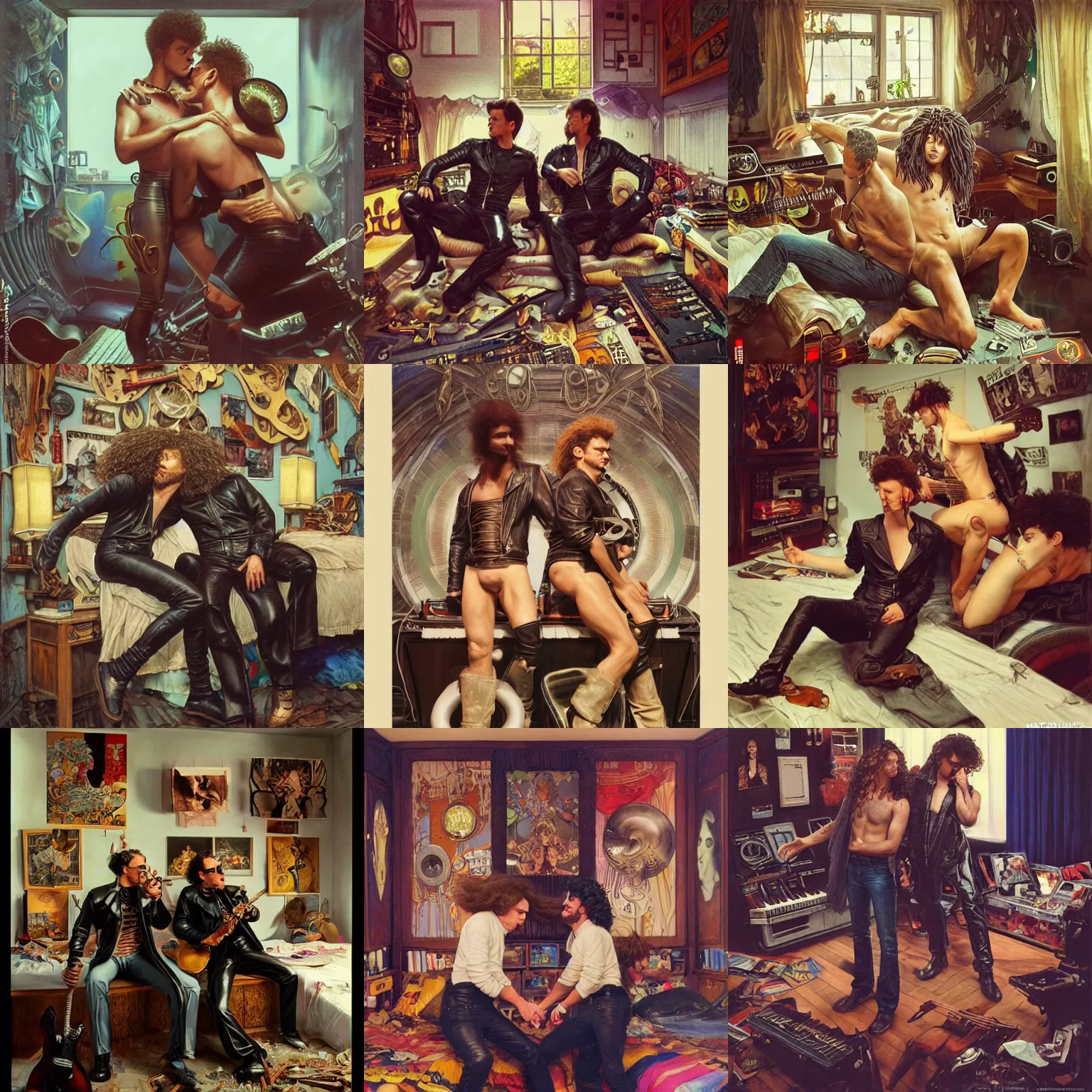 Prompt: two men wearing all leather with long curly salt and pepper hair kissing in a messy 80s bedroom interior, tons of musical instruments and band posters, hyperrealistic surrealism, award winning masterpiece with incredible details, trending on ArtStation, artgerm and greg rutkowski and alphonse mucha, daily deviation, IAMAG