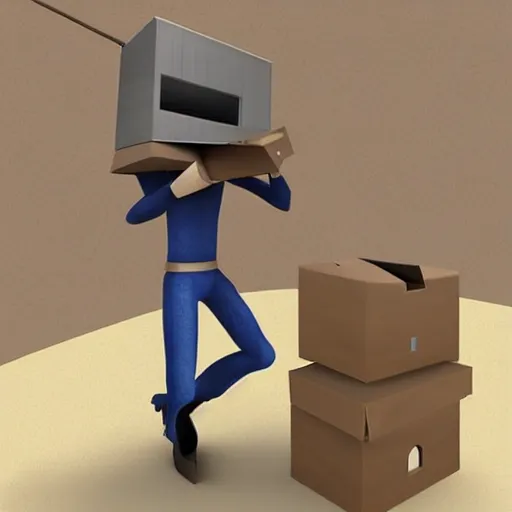 Image similar to hyperrealistic, cardboard boxman with cardboard armor, wielding a cardboard sword inside a kitchen, cabinets, stove