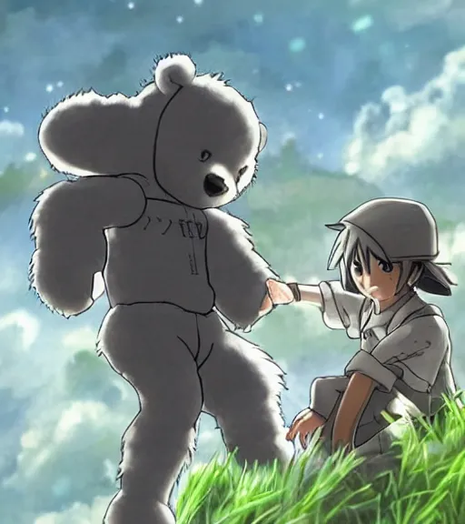 Image similar to attractive little boy wearing an cyborg bear suit, artwork in kentaro miura and made in abyss, inspired in inazuma eleven, smooth, beautiful lightness, anatomically correct, trending on pixiv, perfect composition