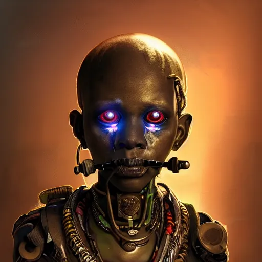 Image similar to a dark and ominous cyborg african child soldier with glowing eyes and facial scarification marks and gold teeth, Apex Legends character digital illustration portrait design, by android jones and greg rutkowski in a cyberpunk voodoo style, synthwave color scheme, detailed, cinematic lighting, wide angle action dynamic portrait