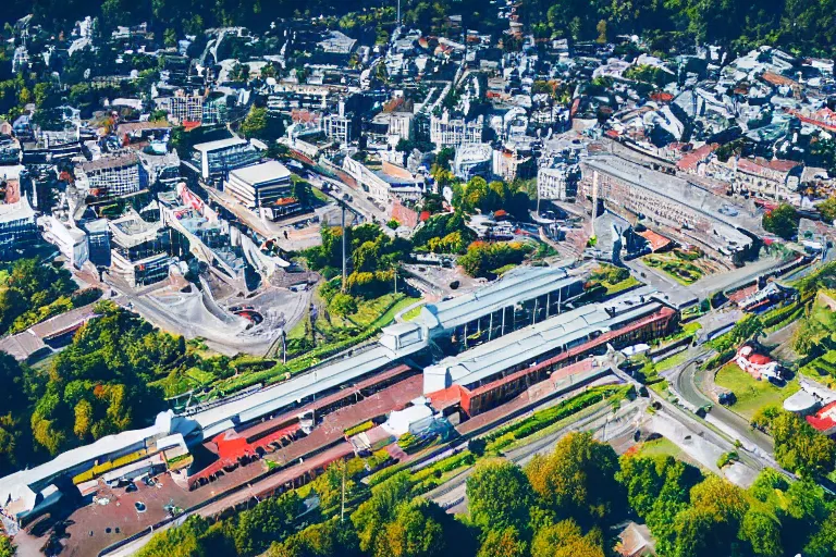 Image similar to bird's eye view photography of a small city. town hall, central farm, monorail station, beach and shipping dock. hills, woods and lake to the north.