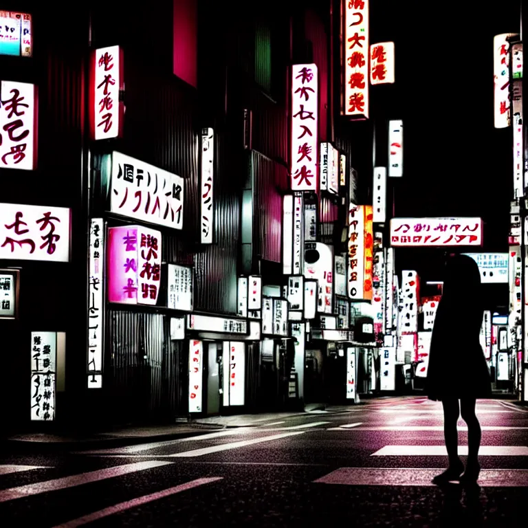 Image similar to a dramatic colorful fujifilm photograph of a young japanese girls silhouette standing in the middle of a tranquil nighttime tokyo street with neon signs