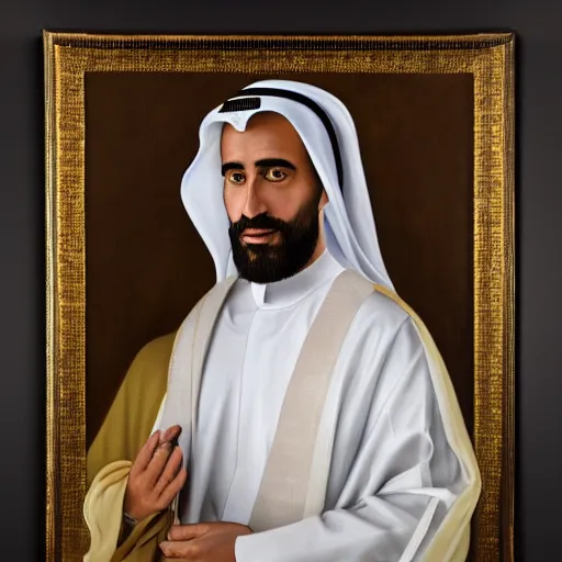 Prompt: renaissance oil portrait of a sheikh, wearing expensive clothes, by Arthur Adams, Diego Gisbert Llorens