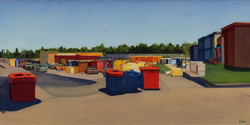 Prompt: Dumpsters by the parking lot behind a Walmart in a North American suburban strip mall by Edward Hopper