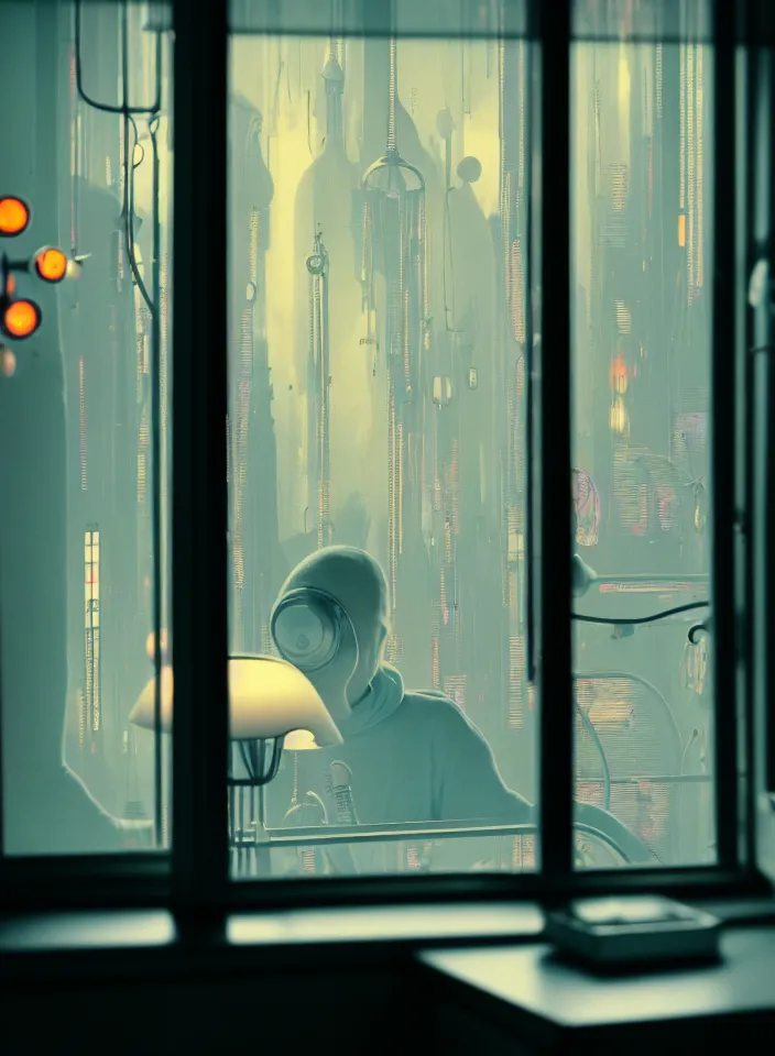 Prompt: telephoto 7 0 mm f / 2. 8 iso 2 0 0 photograph depicting the feeling of chrysalism in a cosy cluttered french sci - fi minimalist ( art nouveau ) cyberpunk apartment in a dreamstate art cinema style. ( ( computer screens, window, sink, lamp ( ( ( fish tank ) ) ) ) ), ambient light.