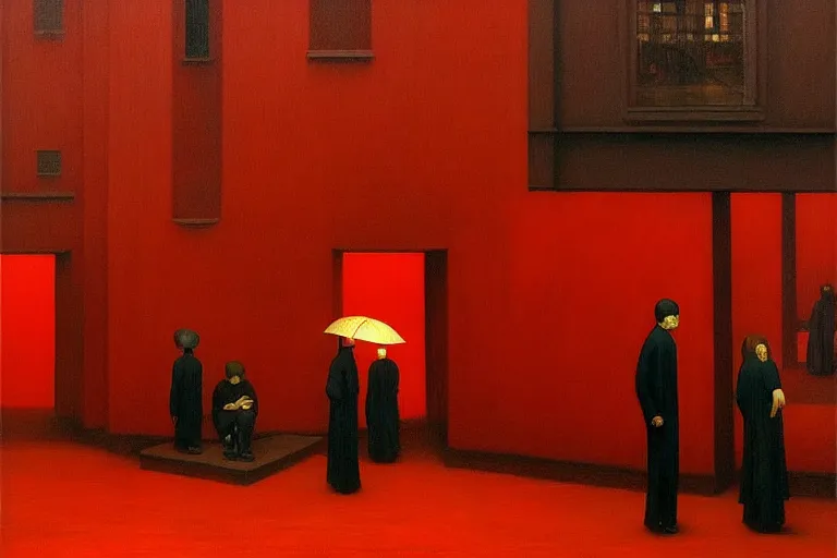 Image similar to only with red, crowd cheering at the sight of a painting, in a city square, in the style of beksinski, parts by edward hopper, parts by rodcenko, parts by yue minjun, intricate and epic composition, red by caravaggio, insanely quality, highly detailed, masterpiece, red light, artstation, 4 k