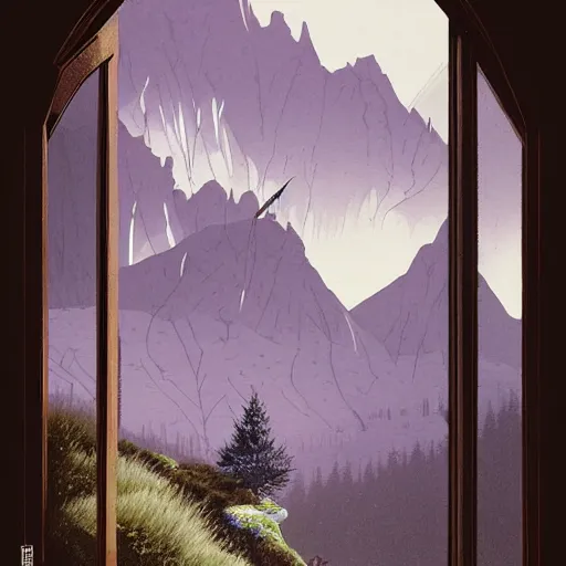 Image similar to illustration of an old victorian mansion, with beautiful mountain heather growing around it, large windows, greg rutkowski, mcbess