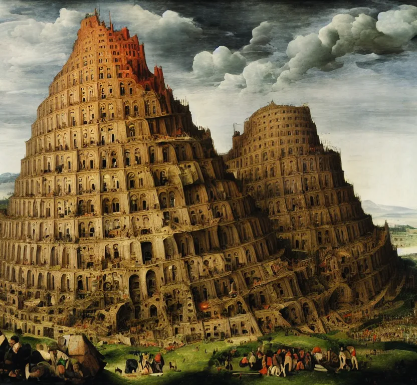 Image similar to the tower of babel after it collapses into rubble, hit by an explosion, by pieter breugel the elder