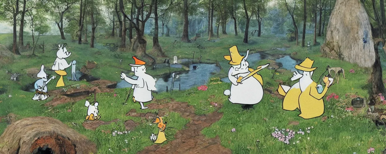 Image similar to the moomins in moominvalley, bosch painting, very detailed!, high quality, 4 k