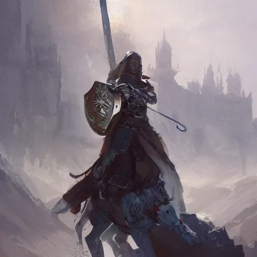 Prompt: portrait of character holding a paladin engraved longsword and carrying a big shield, concept art, by Greg Rutkowski