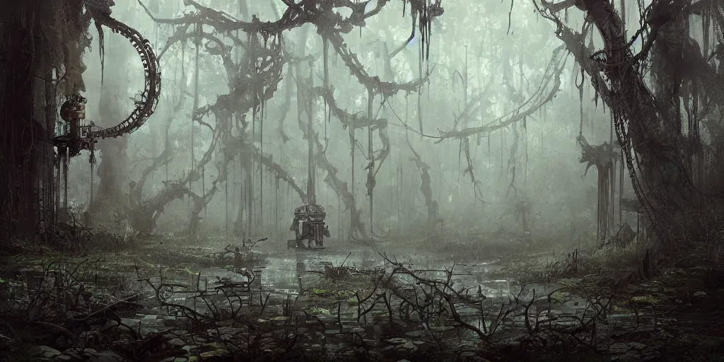 Image similar to mechanical steampunk machine in haunted swamp surrounded by dense forest with vines hanging from trees, creepy ambiance, fog, sharp focus, hughly detailed, eerily beautiful, cgsociety, artgerm