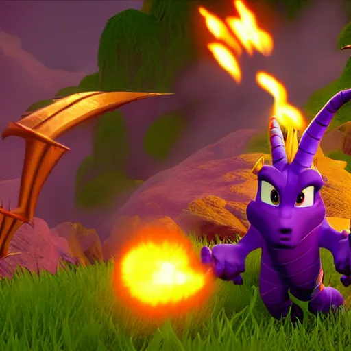 Image similar to Spyro The Dragon breathing fire at his enemy, unreal engine, heroic dragon pose