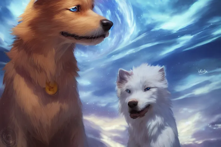 Prompt: blue eyed celestial dog, single subject, scenic full shot, ambient lighting, detailed face, by makoto shinkai, stanley artgerm lau, wlop, rossdraws