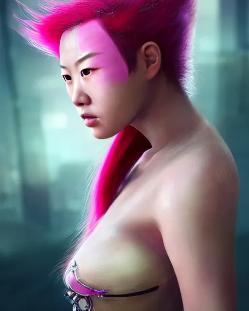 Image similar to portrait of a beautiful asian woman with pink hair as a cyberpunk cyborg, sci - fi, missing panels, intricate abstract upper body intricate artwork, concept art, octane render, deviantart, cinematic, key art, hyperrealism, iridescent accents, portrait photograph, nikon 3 5 mm, photograph by annie leibovitz and steve mccurry, greg rutkowski