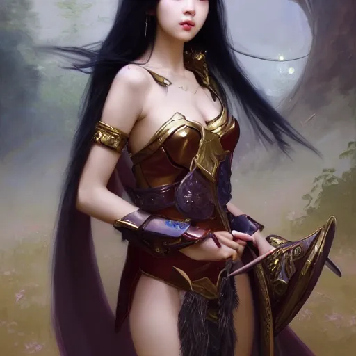 Image similar to A portrait of a female korean model as Ishtar the goddess of love, Stjepan Sejic, Ruan Jia, and Mandy Jurgens, and Artgerm, and william adolphe bouguereau, highly detailed, trending on artstation, award winning