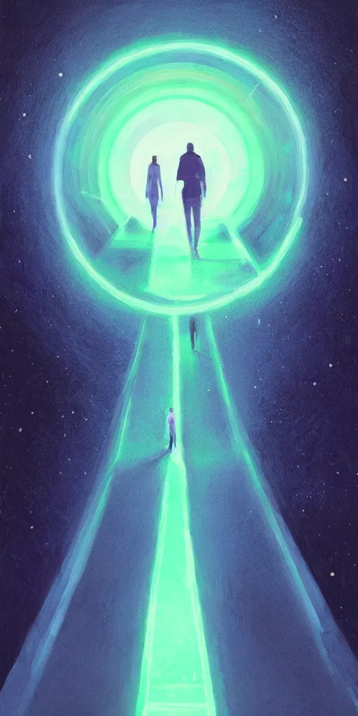 Image similar to a beautiful painting of a person walking out of a stargate by sylvain sarrailh 8 k particulate neon light film grain