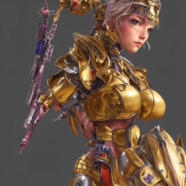 Image similar to studio portrait of lawful good colorful female holy mecha paladin absurdly beautiful, elegant, young thin bikini model, ultrafine hyperrealistic detailed face illustration by kim jung gi, irakli nadar, intricate linework, sharp focus, bright colors, matte, octopath traveler, final fantasy, unreal engine highly rendered, global illumination, radiant light, intricate environment