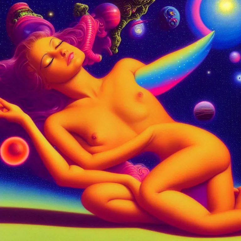 Image similar to cosmic girl, 2 0 yo, reclining close - up, bright neon colors, highly detailed, cinematic, panoramic, tim white, michael whelan, roger dean, bob eggleton, philippe druillet, vladimir kush, kubrick, alfred kelsner, boris vallejo