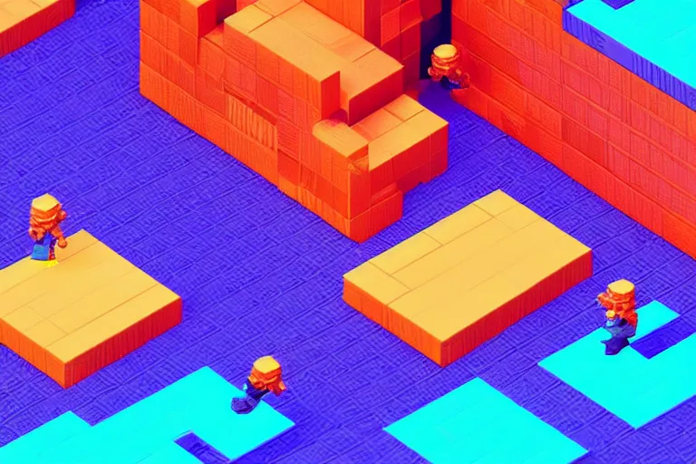 Prompt: a 3d voxel character crawling out of 2d pixels on a tv screen, colorful living room