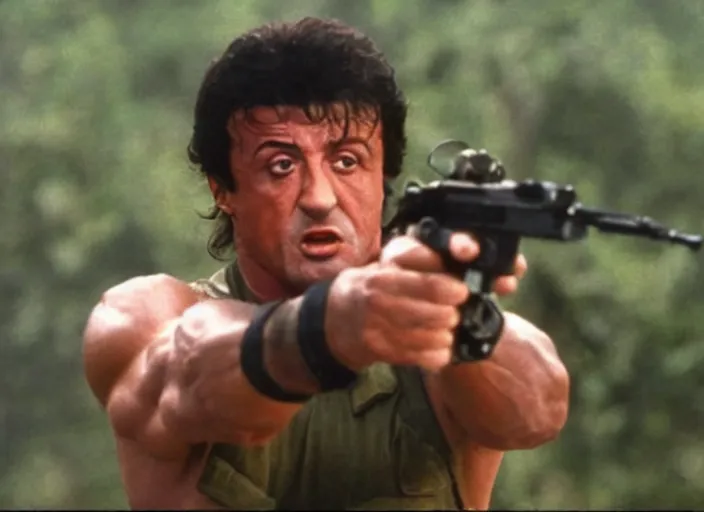 Image similar to sylvester stallone in a still from the movie Commando (1985)