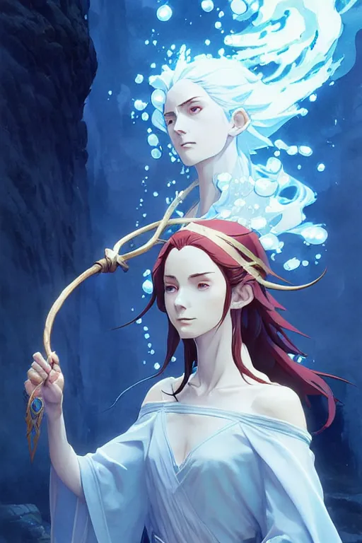 Prompt: elvish female sorcerer doing water magic spells, blue robes, red hair, finely detailed perfect face, exquisite details, mid view, design on a white background, by studio muti, greg rutkowski makoto shinkai takashi takeuchi studio ghibli