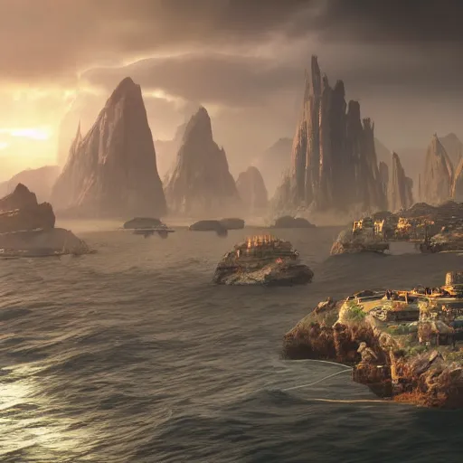 Prompt: a solarpunk city on a small rocky island in the middle of a violent sea, beautiful dynamic lighting, cinematic, wide angle establishing shot, extremely high detail, photo realistic, cinematic lighting, post processed, concept art, artstation, matte painting, style by eddie mendoza, raphael lacoste, alex ross, volumetric lighting, light rays, photorealistic, ultrarealistic, moody, coronarender, 8k