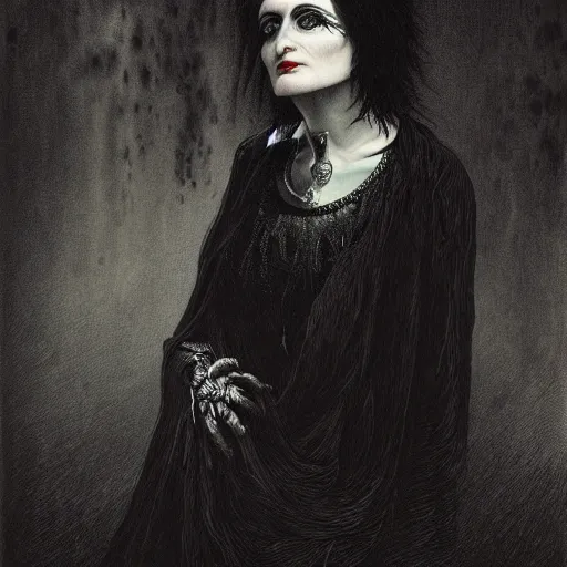 Image similar to siouxsie sioux, creepy atmosphere, dark, portrait, realistic, very realistic, illustration by gustave dore