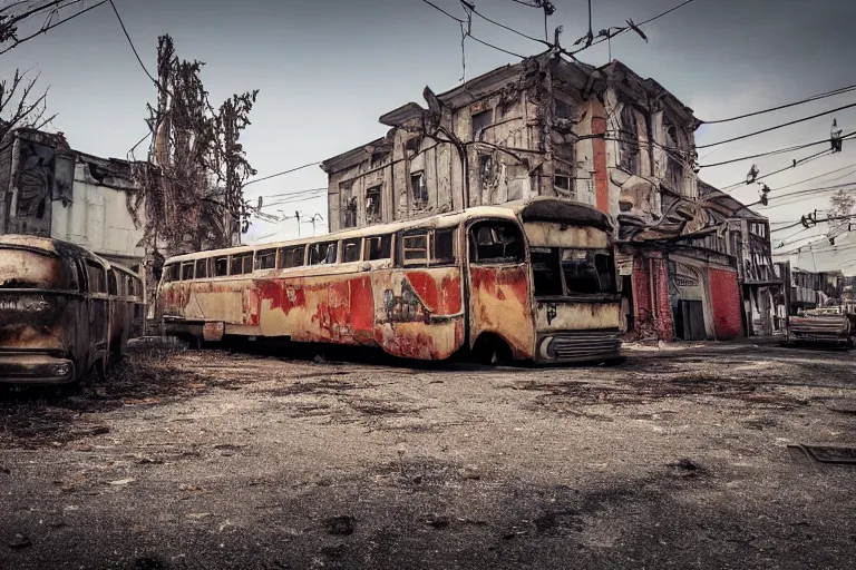 Image similar to low wide angle shot of dilapidated fallout 5 europa, temperate european hamlet, desolate, dilapidated neon signs, few rusted retro futuristic vintage parked vehicles like cars, ( ( ( ( buses, trucks, trams ) ) ) ), volumetric lighting, photorealistic, daytime, autumn, sunny weather, sharp focus, ultra detailed