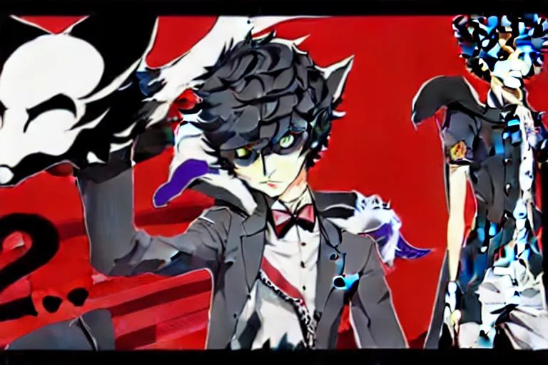 Image similar to persona 5 : royal ( by atlus ) video game splash screen, a furry male sandcolored tan fox fursona ( has hair ), persona 5 phantom thief style