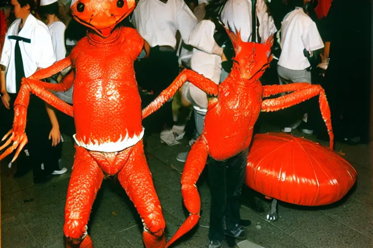 Image similar to cosplayer dressed like a crab, in 1 9 8 5, at an anime convention, royalcore, low - light photograph, photography by tyler mitchell